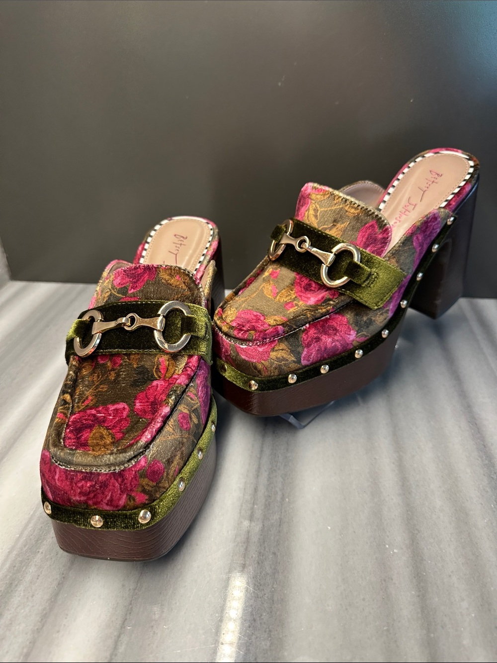Betsey Johnson - Aydin - Olive Green and Fuchsia Floral Velvet Platform Mules